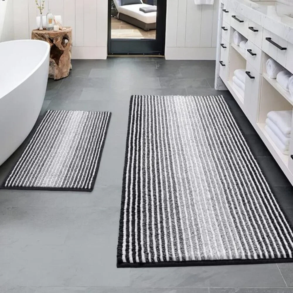 New 2Pcs Bathroom Rug Set, Soft Absorbent Non-Slip Chenille Mats - Black